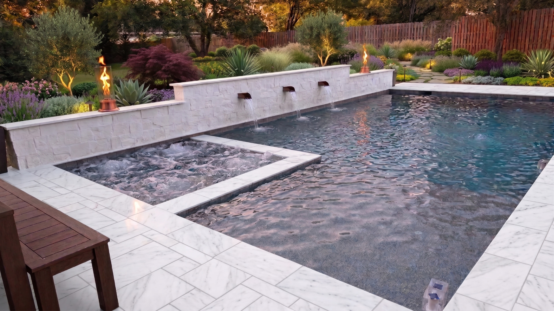 Downtown Destination - Custom concrete with raised spa and scupper wall
