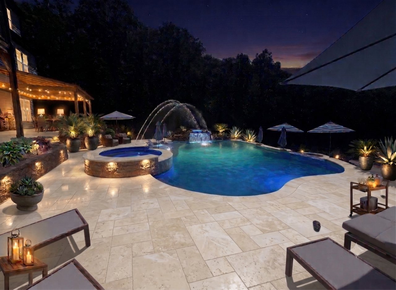 Mooresville Oasis - Freeform concrete with raised spa and grotto in Mooresville, NC